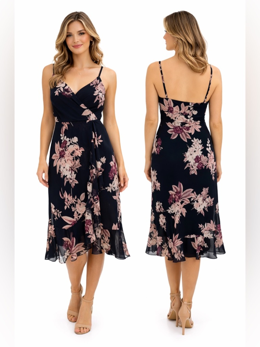 V Neck Black/Purple Floral Wrap Dress High Low Ruffled Hem Adjustable Strap Sz S